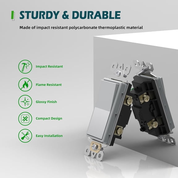 TG4THT-Decorator Paddle Light Switch with Wallplates, Single Pole Wall Rocker Switch, 15A 120V/277V, Self-grounding, Residential Grade Electrical Switches, 10 Pack, Gray