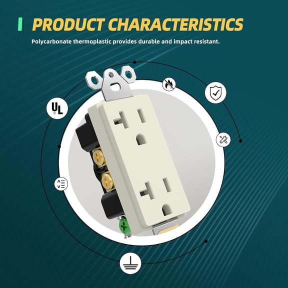 TG4THT-Decorator Receptacle Outlet, 20A 125V Standard Electrical Wall Socket, 2 Pole 3 Wire, Non-Tamper Resistant, NEMA 5-20R, Self-Grounding Residential Grade, UL, Light Almond, 10 Pack