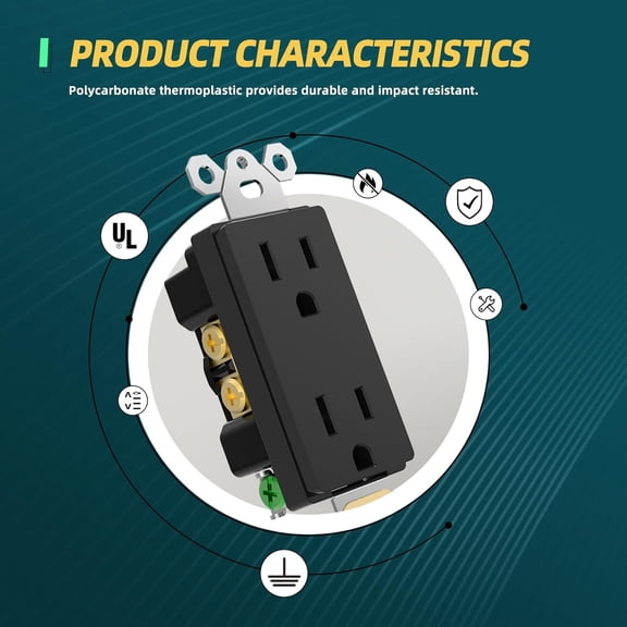 TG4THT-Decorator Wall Outlets, 15A 125V Standard Electrical Receptacle Outlet, 2 Pole 3 Wire, Non-Tamper Resistant, NEMA 5-15R, Self-Grounding Residential Grade, UL, Black, 10 Pack