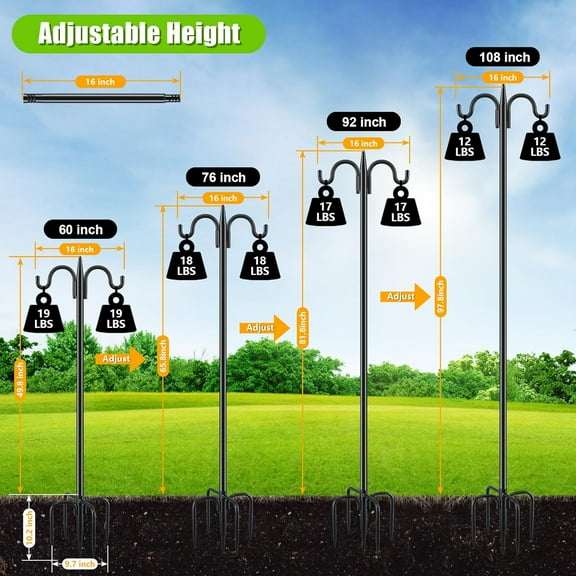 TG4THT-Double Shepherds Hook for Outdoor, 108 Inch Heavy Duty Bird Feeder Pole 3/4 Inch Thick Garden Hooks for Hanging Hummingbird Feeder, Plant Baskets, Solar Light Lanterns, 1 Pack