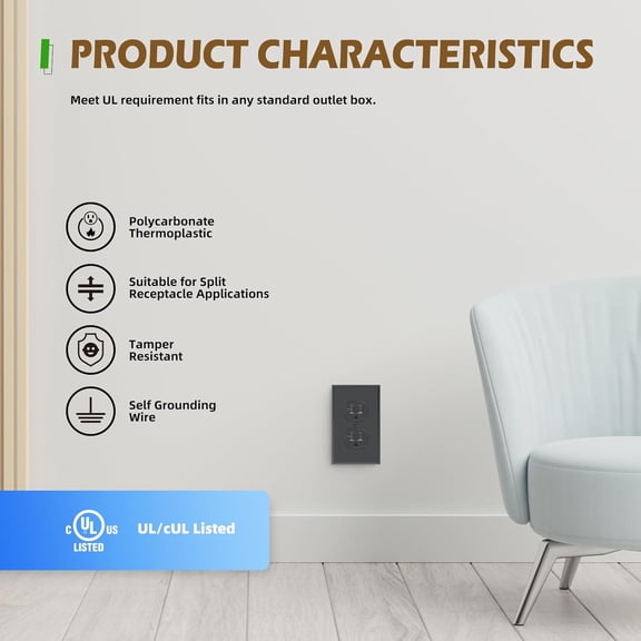 TG4THT-Duplex Electrical Outlets, Residential Grade Receptacle Outlet, 20Amp 125V, Self-Grounding, 2-Pole, 3-Wire, Standard Electrical Wall Socket with Wall Plate, UL Listed, Black, 10 Pack