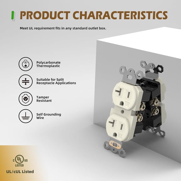 TG4THT-Duplex Receptacle Outlet, 20A Tamper-Resistant Electrical Sockets, 2 Pole 3 Wire, Self-Grounding, Replacement Outlet for Residential & Commercial Use, UL Listed, 20 Pack, Light Almond