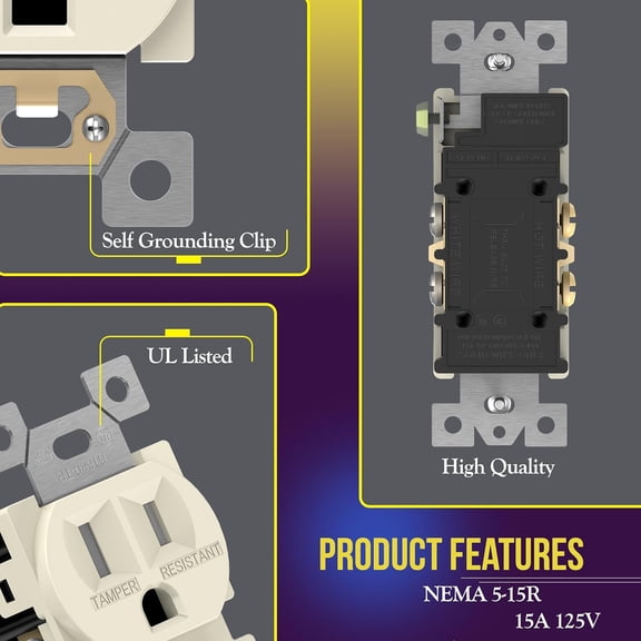 TG4THT-Duplex Receptacle Outlet, Tamper-Resistant, Residential Grade, 3-Wire, Self-Grounding, 2-Pole,15A 125V, UL Listed, 61580-TR-LA-10PCS, Light Almond (10 Pack)