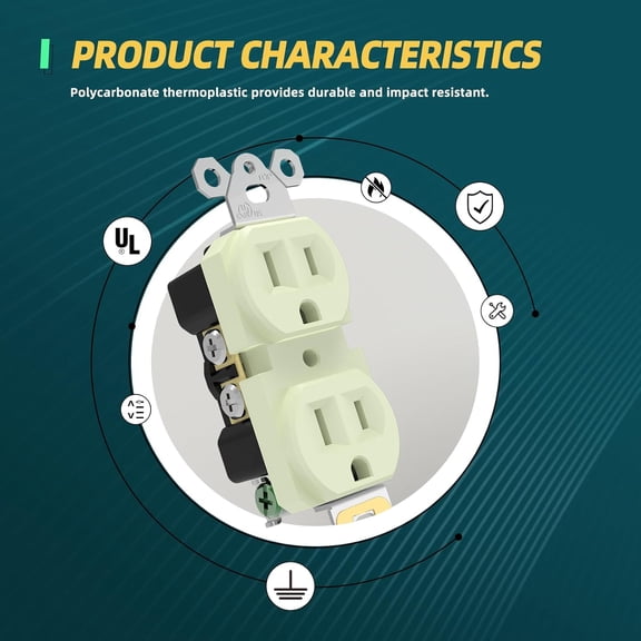 TG4THT-Duplex Receptacle Outlets, 15 Amp Standard Electrical Outlets for Commercial and Residential, Non-Tamper Resistant, 2 Pole 3-Wire, Self-Grounding, UL Listed, Light Almond, 10 Pack