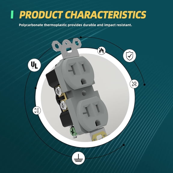 TG4THT-Duplex Receptacle Outlets, Heavy-Duty Electrical Outlet for Commercial and Residential, 20A Non-Tamper Resistant Outlets with Wall Plate, 2 Pole 3-Wire, Self-Grounding, UL, Gray, 10 Pack