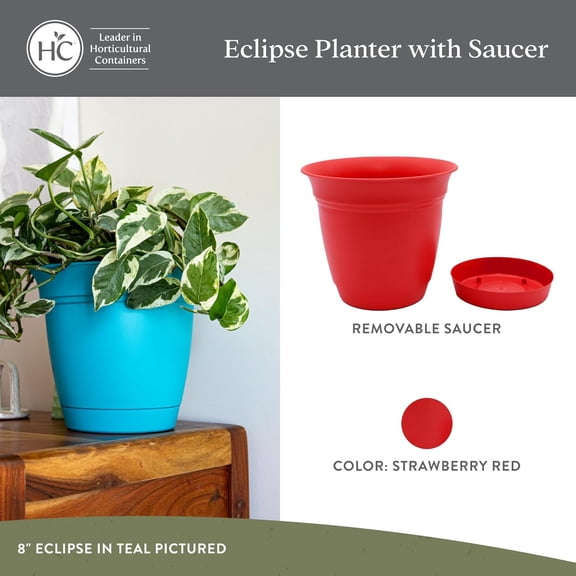 TG4THT-Eclipse Round Planter with Saucer - Outdoor & Indoor Plant Pot with Drainage Holes - Lightweight, UV-Resistant Plastic Pots for Plants, Flowers & Herbs (10" Red, Pack of 1)