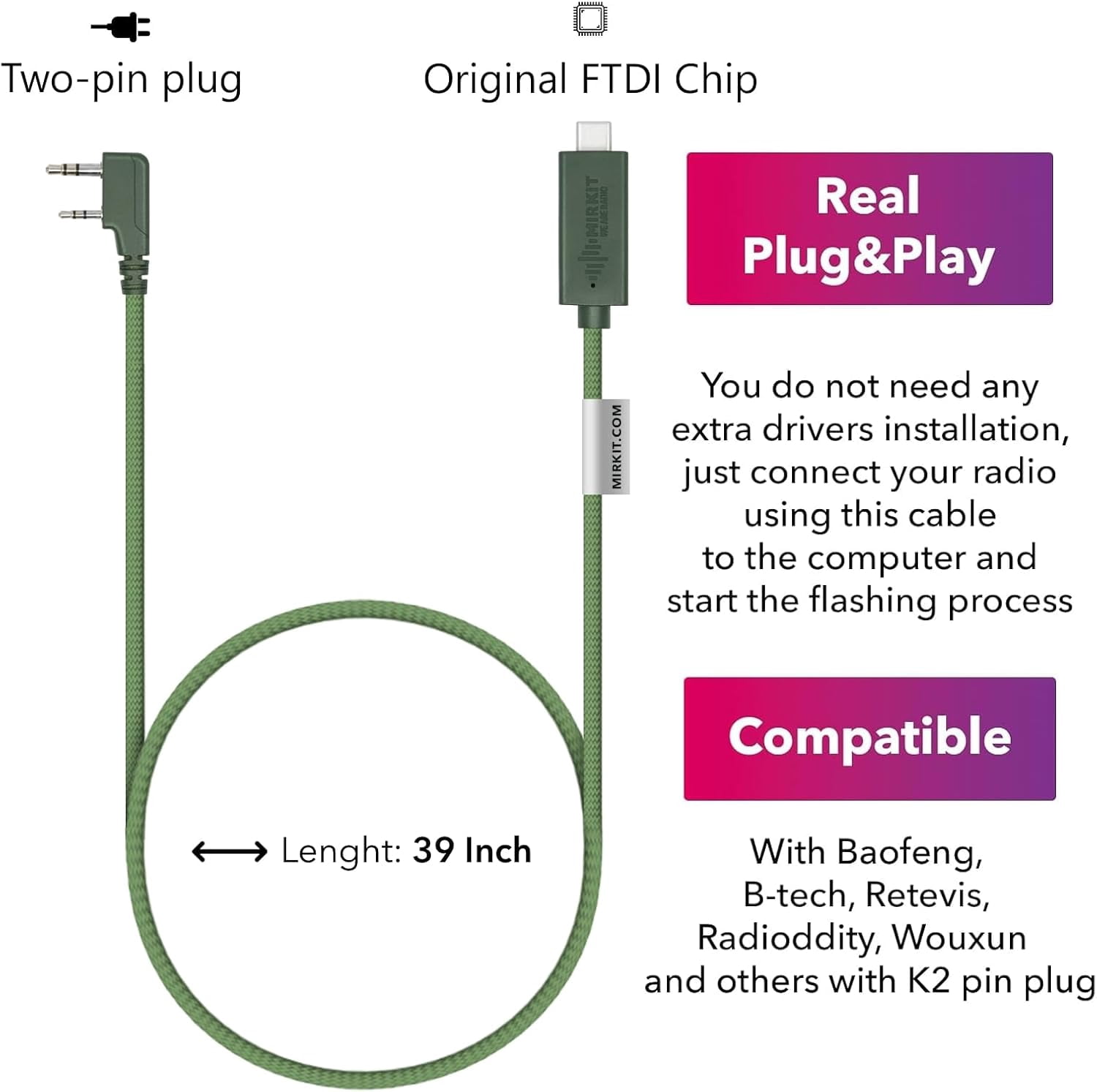 TG4THT-FTDI USB-C Baofeng Programming Cable Green for Flashing Analogue ...