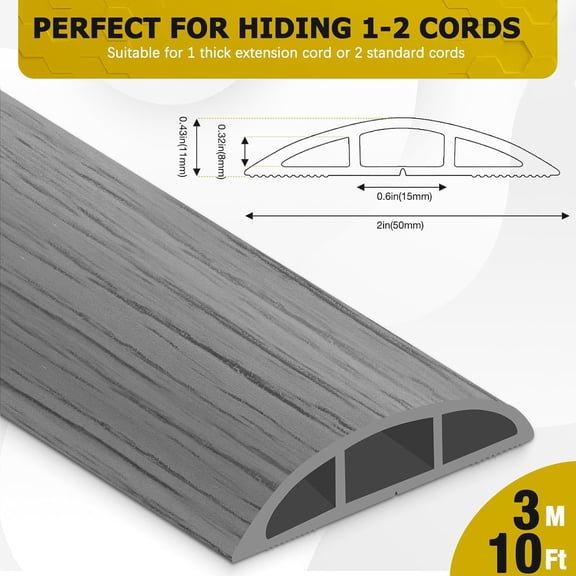 TG4THT-Floor Cord Cover 10FT Cord Covers for Wires on Floor Protect Wires & Prevent Trip Hazards, Easy to Cut for Home, Office, School, Concerts, Cavity W0.6in x H0.32in