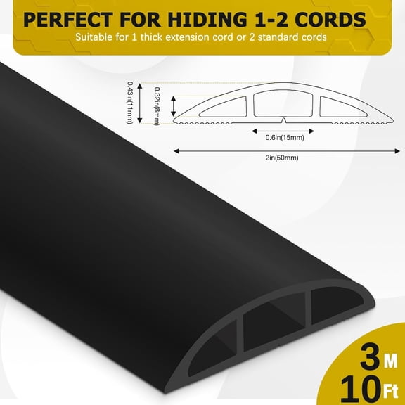 TG4THT-Floor Cord Cover 10FT Cord Covers for Wires on Floor Protect Wires & Prevent Trip Hazards, Easy to Cut for Home, Office, School, Concerts, Cavity W0.6in x H0.32in