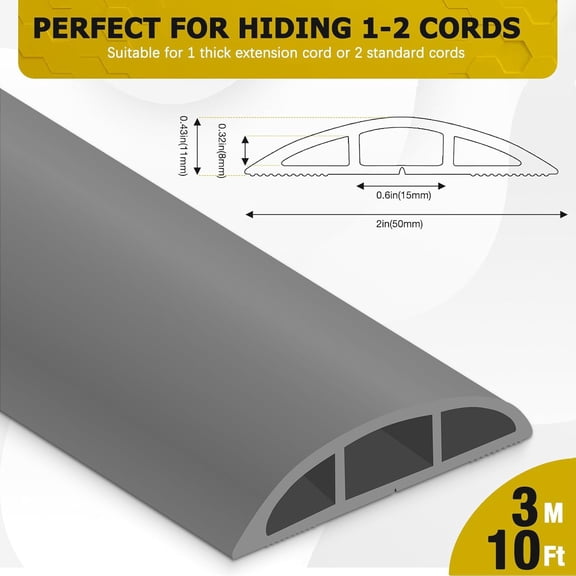 TG4THT-Floor Cord Cover 10FT Cord Covers for Wires on Floor Protect Wires & Prevent Trip Hazards, Easy to Cut for Home, Office, School, Concerts, Cavity W0.6in x H0.32in