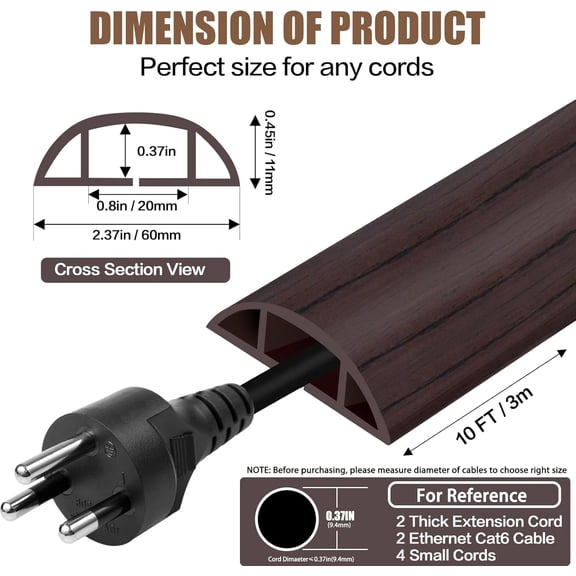TG4THT-Floor Cord Cover Cavity 0.8"x0.37" Self Adhesive Cord Hider, 10FT Low Profile Cable Management, Extension Strip Protector for Wires, Prevent Cable Trips for Offices, Gyms, ExhibitionsBlack Wo