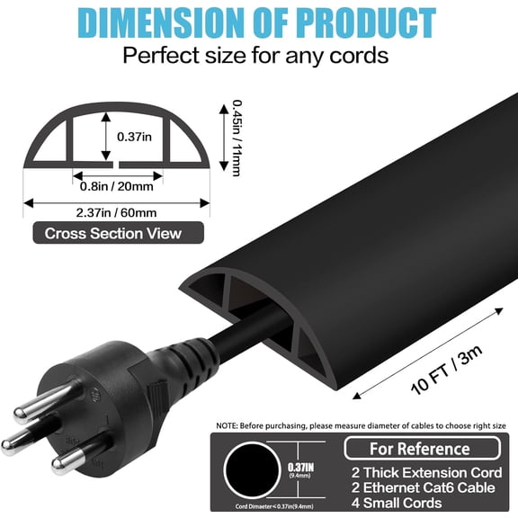 TG4THT-Floor Cord Cover Cavity 0.8"x0.37" Self Adhesive Cord Hider, 10FT Low Profile Cable Management, Extension Strip Protector for Wires, Prevent Cable Trips for Offices, Gyms, ExhibitionsBlack
