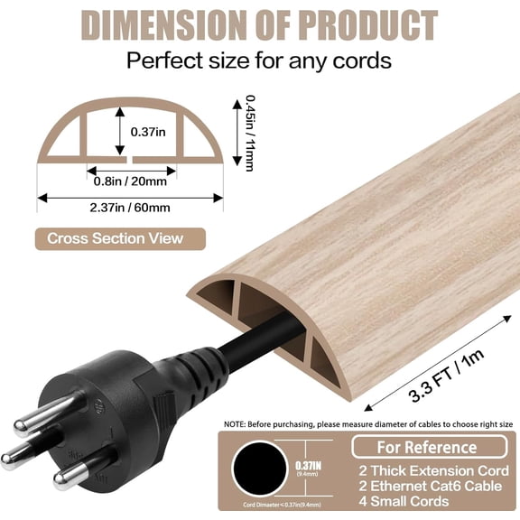 TG4THT-Floor Cord Cover Cavity 0.8"x0.37" Self Adhesive Cord Hider, 3.3FT Low Profile Cable Management, Extension Strip Protector for Wires, Prevent Cable Trips for Offices, Gyms (Wood Light Yellow)
