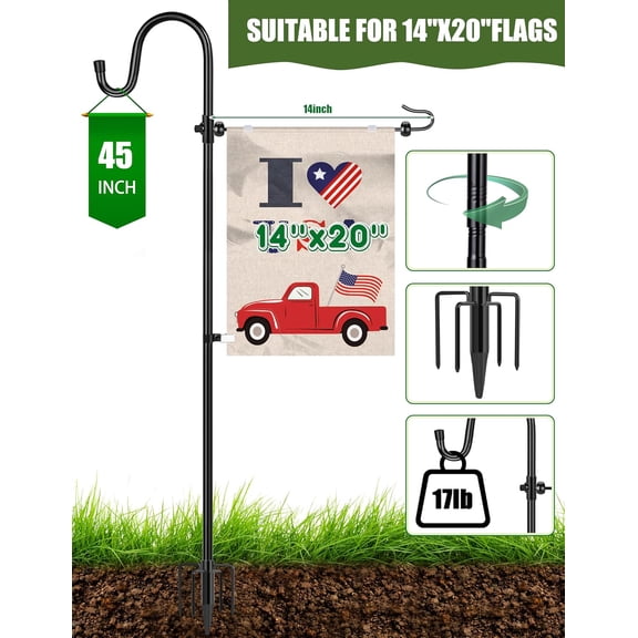 TG4THT-Garden Flag Stand, Sturdy 2-Pack Flag Pole Holder with Shepherd Hook for Yard Decorations Outdoor Garden Flag Holder for 14''x20'' Flags 45 in Heavy Duty Yard Flag Post Stake (Without Flag)
