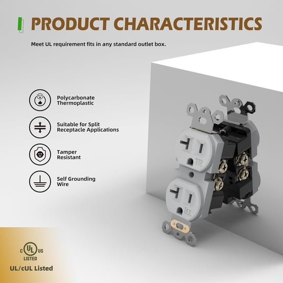 TG4THT-Gray Wall Receptacle Outlet, 20A Tamper-Resistant(TR) Outlet, 2 Pole 3 Wire, Self-Grounding, Electrical Sockets for Residential and Commercial Use, UL Listed, 20 Pack