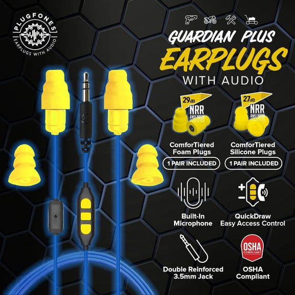 TG4THT-Guardian Plus in-Ear Earplug Earbud Hybrid - Noise Reduction in-Ear Headphones with Noise Isolating Mic and Controls (Yellow & Blue)