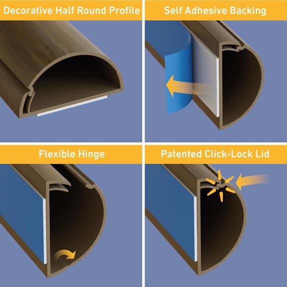 TG4THT-Half Round Cord Hider, Patented Cable Cover, Hide TV Wall Mount Wires, Raceway for Cords, Decorative Wire Covers, Paintable, Adhesive - 1x 1.18in W x 0.59in H x 39in L - Wood-Effect