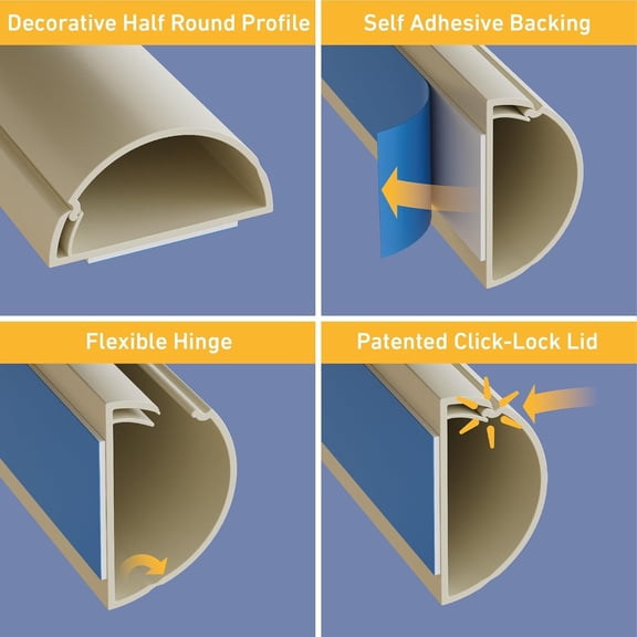 TG4THT-Half Round Cord Hider, Patented Cable Cover, Hide TV Wall Mount Wires, Raceway for Cords, Decorative Wire Covers, Paintable, Adhesive Cable Concealer - 1x 1.18in W x 0.59in H x 39in L - Beige