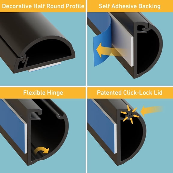 TG4THT-Half Round Cord Hider, Patented Cable Cover, Hide TV Wall Mount Wires, Raceway for Cords, Decorative Wire Covers, Paintable, Adhesive Cable Concealer, 1x 0.78in W x 0.39in H x 39in L, Black