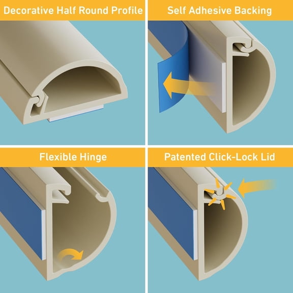 TG4THT-Half Round Cord Hider, Patented Cable Cover, Hide TV Wall Mount Wires, Raceway for Cords, Decorative Wire Covers, Paintable, Adhesive Cable Concealer, 2X 0.78in W x 0.39in H x 39in L, Beige