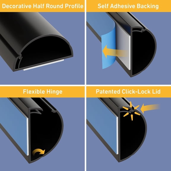 TG4THT-Half Round Cord Hider, Patented Cable Cover, Hide TV Wall Mount Wires, Raceway for Cords, Decorative Wire Covers, Paintable, Adhesive Cable Concealer - 2X 1.18in W x 0.59in H x 39in L - Black