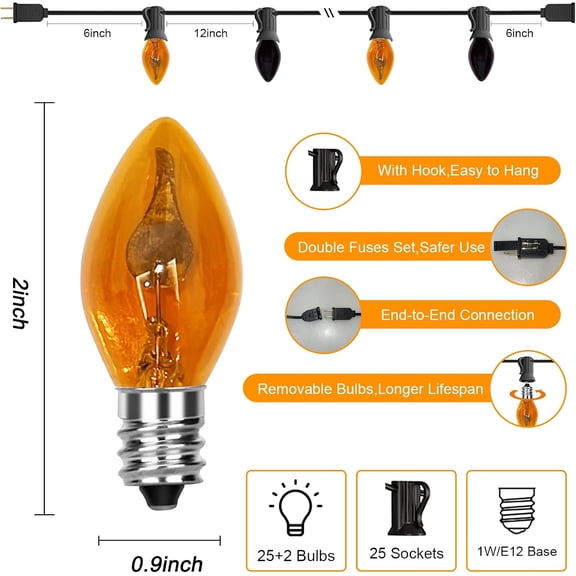 TG4THT-Halloween Flickering String Lights,25Ft C7 Vintage Flame Lights with Orange&Purple Bulbs, Flicker Amber Flame for Outdoor&Indoor Use, Fairy Garden, Yard, Home, Party