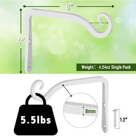 TG4THT-Hand-Forged Hanging Plant Bracket Iron Wall Hook for Hanging Bird Feeders, Wind Chimes, Flower Baskets, Lanterns, Yoga Mat, Indoor/Outdoor Use (6 Inch 2 Pack, White, with 4 Screws)