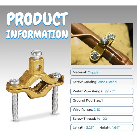 TG4THT-Heavy Duty Non-Direct Burial Copper Ground Clamp for " -1 Pipe Range | High Conductivity Ground Pipe Clamp | Supports 2-10" Wire Range | OL-38707