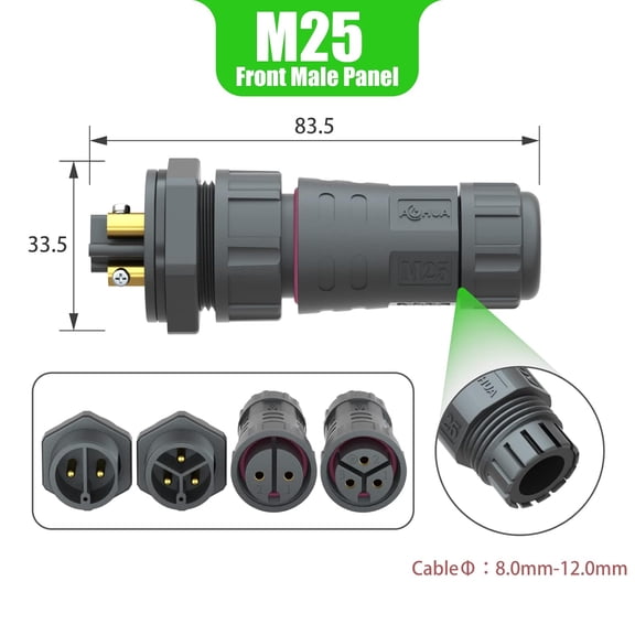 TG4THT-IP68 Waterproof Connector (3-Pack), M25 3-Pin Industrial/Aviation Connector, (300V/25A) Female Plug & Front Male Panel Mount for Outdoor Electrical Wire Range 8-12mm, CE, UL, TUV, ROHS