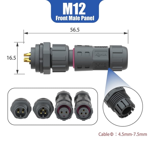 TG4THT-IP68 Waterproof Connector (6-Pack), M12 3-Pin Industrial/Aviation Connector, (300V/5A) Female Plug & Front Male Panel Mount for Outdoor Electrical Wire Range 4.5-7.5mm, CE, UL, TUV, ROHS