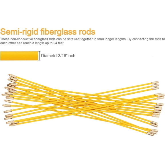 TG4THT-Jeemiter 24 FT Fiberglass Running Electrical Wire Cable Glow Rods Wire Pulling, Fish Rods Electrical Kit with 6 Different Attachments and Fish Tape Wire Puller Kit