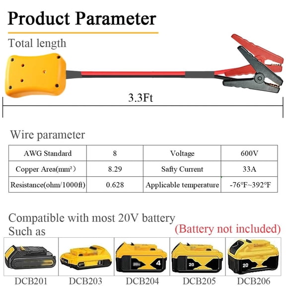 TG4THT-Jumper Cables with Adapter Compatible with Dewalt 20V Battery, 3.3FT 8AWG Portable Battery Dewalt Jumper Starter Automotive Booster Cables Power for Car Jump Starting Using Tool