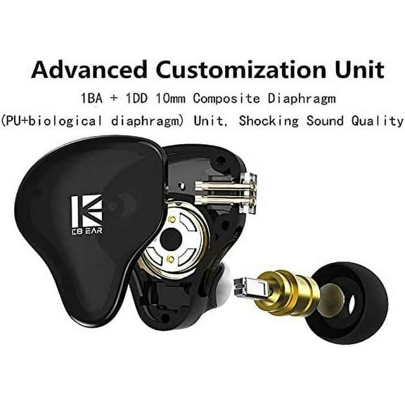 TG4THT-KBEAR KS2 in Ear Headphone, IEM 1BA 1DD Stereo in Ear Earphone, HiFi Over Ear Earbud Headset Noise Cancelling Hybrid Earphone with Removable Cable for Running Walking (with mic, KS2 Dark)