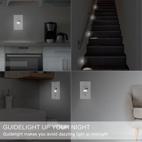 TG4THT-LED Night Light Outlet-Easy to Install,Nightlight Electrical Outlets,Standard Duplex Receptacle,15A 125V,2 Pole 3 Wire,Self Grounding,Outlet Covers Included (Glossy White,2 Pack)