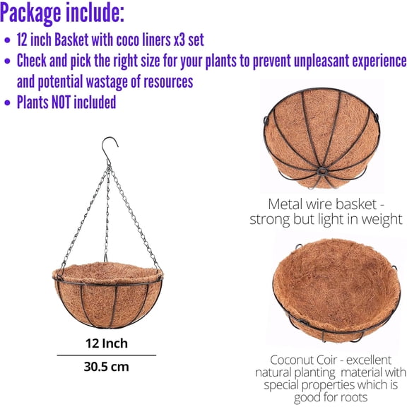 TG4THT-LaLaGreen Hanging Planters with Coco Liners (12 Inch, 3 Pack) Hanging Baskets for Plant Outdoor, Hanging Plant Pot Flower Metal Wire Round Holder Hanger Hook Chain Deck Porch Garden Balcony Bo