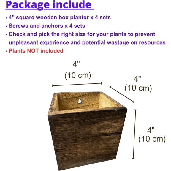 TG4THT-LaLaGreen Wood Planter Boxes (4x4 Inch, 4 Pack) Small Square Wooden Wall Mounted Flower Pot for Indoor Plants, Window Box Mount Hanging Herb Planters Outdoor Plant Holder Vertical Garden Home