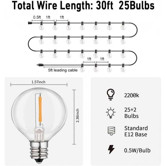 TG4THT-Led String Lights Outdoor 30ft Patio Lights Waterproof with 27 G40 Shatterproof Bulbs, Connectable Globe String Lights for Outside, Backyard Balcony Bistro Party Cafe Lights