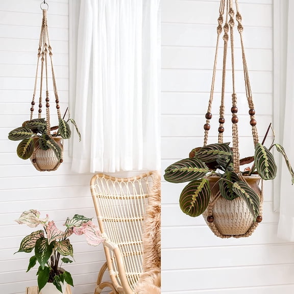 TG4THT-Macrame Plant Hanger Indoor Hanging Planter Basket with Wood Beads Decorative Flower Pot Holder No Tassels for Indoor Outdoor Boho Home Decor 35 Inch, Brown, Set of 3 (POTS NOT Included)