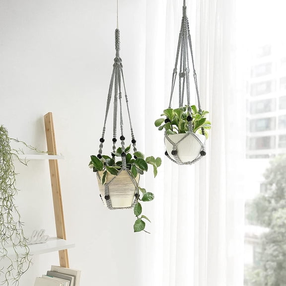 TG4THT-Macrame Plant Hanger Indoor Hanging Planter Basket with Wood Beads Decorative Flower Pot Holder No Tassels for Indoor Outdoor Boho Home Decor 35 Inch, Grey, Set of 2 (POTS NOT Included)