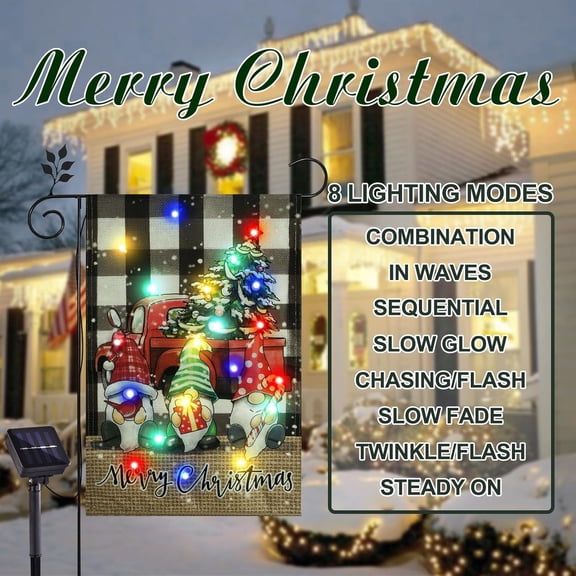 TG4THT-Merry Christmas Garden Flag Outdoor Decorations, Led Red Truck with Three Gnomes Yard Flag, 12x18 Double Sided Solar Lighted Winter Christmas Decor (Three Dwarves)