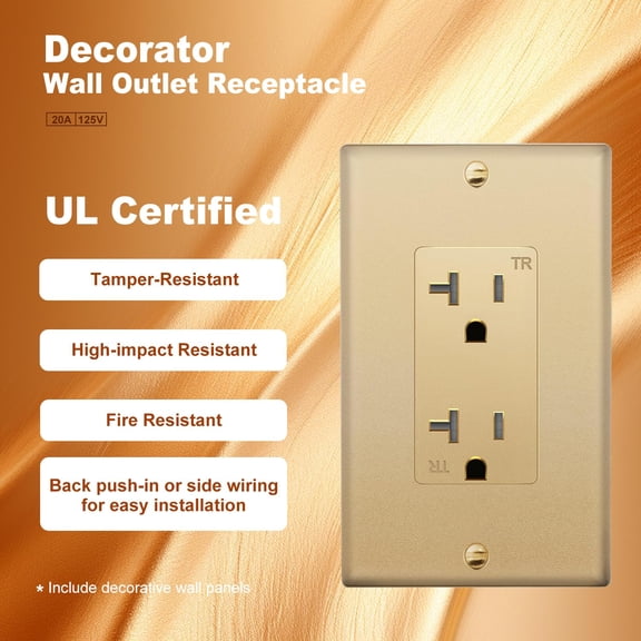 TG4THT-Micmi 20A Decorator Receptacle Outlet, Tamper Resistant, Decorative Electrical Receptacle Outlet, 20 Amp 125 Volt, Grounding with Wall Plate UL Listed (Golden, 10pack)