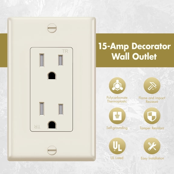 TG4THT-Micmi Decorator Receptacle Outlet, Tamper Resistant, Decorative Receptacle Outlet, 15Amp 125Volt, Grounding with Wall Plate UL Listed (10Pack, Ivory, 15 Amp Outlet)