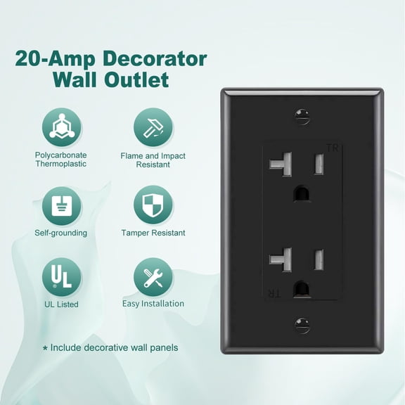 TG4THT-Micmi Decorator Receptacle Outlet, Tamper Resistant, Decorative Receptacle Outlet, 20Amp 125Volt, Grounding with Wall Plate UL Listed (10Pack, Black, 20 Amp Outlet)