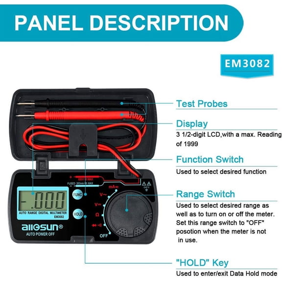 TG4THT-Mini Auto Range Folding Digital Multimeter Automotive Tester AC DC Volt AMP Ohm LCD Travel Voltmeter Ammeter Continuity Tester Auto Power Off EM3082