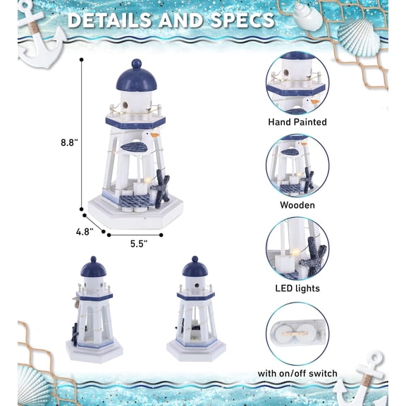 TG4THT-Ocean Blue Nautical Wooden Lantern Lighthouse With LED Lights - Table Top Centerpiece Coastal Decor For Home, Beach House, Rustic Decorative Lamp with Boat Anchor - Handmade Color May Vary