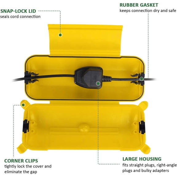 TG4THT-Outdoor Extension Cord Safety Cover with Waterproof Protector Seal, Weatherproof Electrical Connection Box for Outdoor Outlets, Plugs, Sockets, Holiday Decorations, Power Tools, Yellow