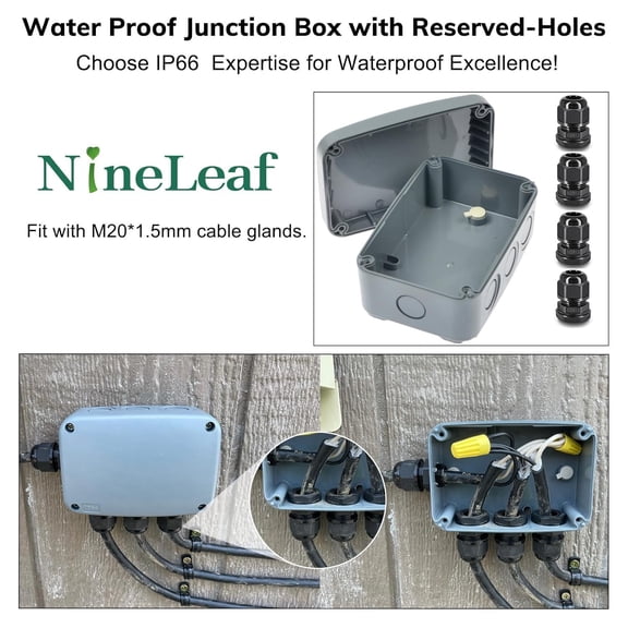 TG4THT-Outdoor Junction Box,Nineleaf IP66 Weatherproof Electrical Project Boxes PVC/ABS Plastic Enclosure Box Universal Watertight 4.9 x 3.3 x 2.3 inch (125x86x62mm), with 4PK 20mm Cable Gland Grey(1