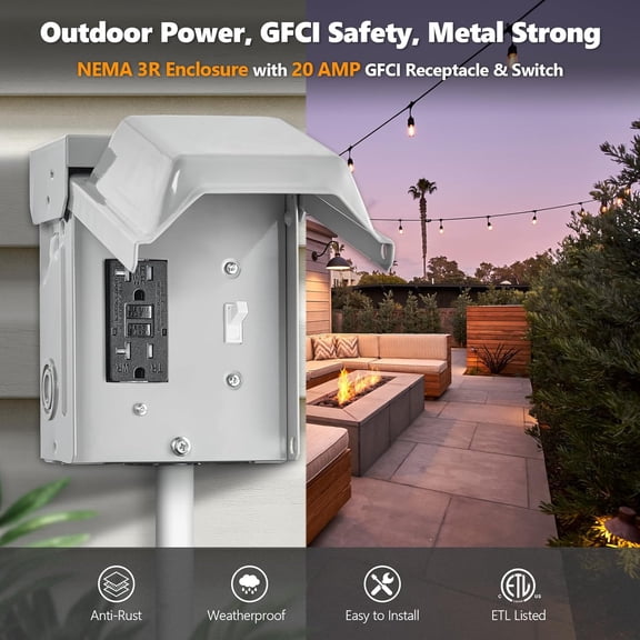 TG4THT-Outdoor Outlet Box with Cover, 20 AMP WRTR GFCI Receptacle Plug, Rainproof 3R Enclosure, Weatherproof Exterior All Metal Power Switch Box for Light, ETL Listed (GFCI with Switch)