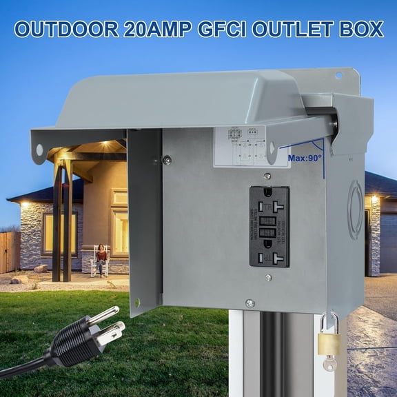 TG4THT-Outdoor Outlet Box - Prewired Metal Outdoor Electrical Outlet Box with 20 AMP GFCI Receptacle and Waterproof 3R Cover - Weatherproof GFCI Outlet Box for Yard, Garage, ETL Listed