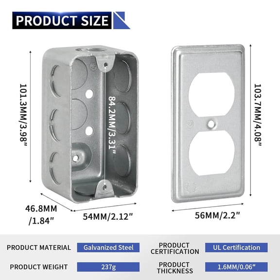 TG4THT-Pack of 2 Metal Outlet Box 4 inch 1-Gang,Thickness 1.6mm,Electrical Outlet Boxes for 42-1/81-7/8",Raised Ground,8 * 1/2'' in Side and 2 * 1/2'' in Bottom Knockouts
